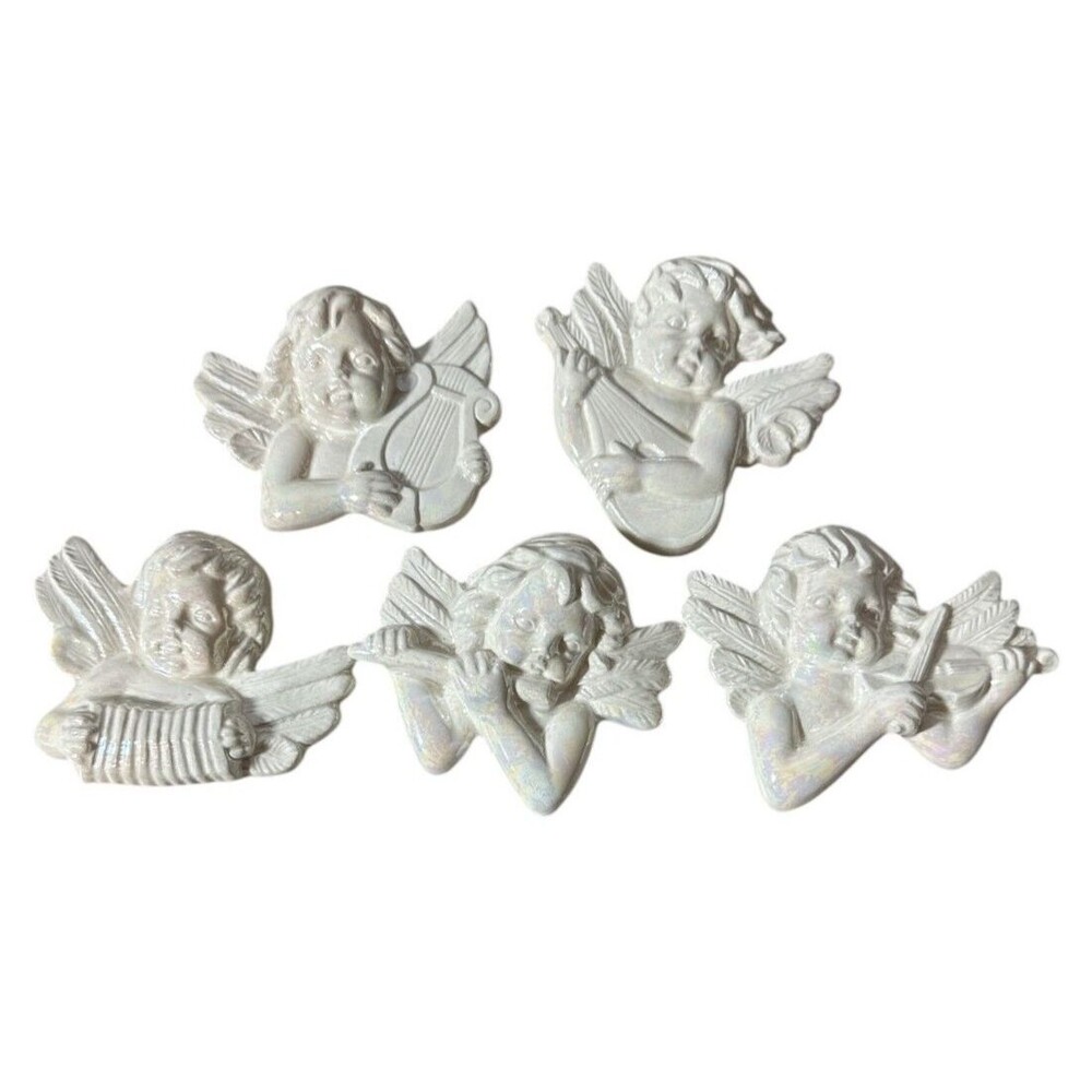 Vintage 1980s Scioto Signed Cherub Angel‎ Ornaments Set of 5 Playing Instruments